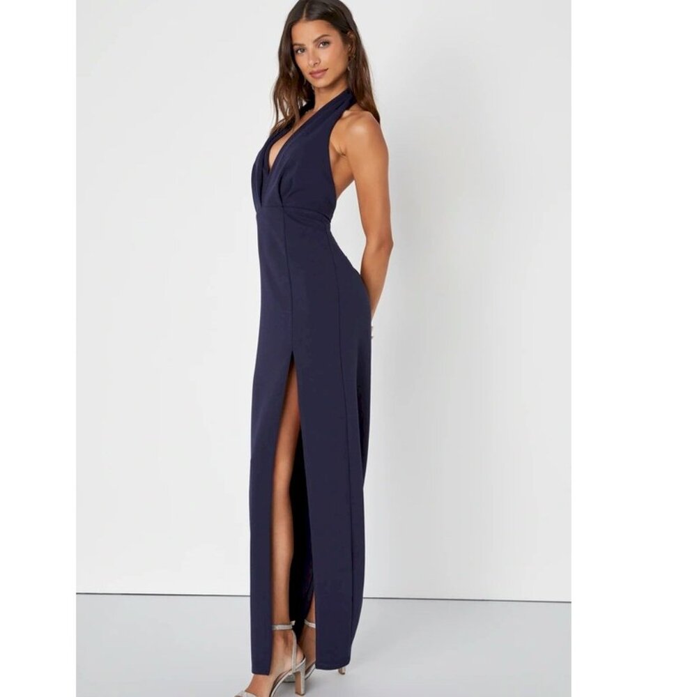 Lulus Completely Mesmerizing Navy Blue Pleated Halter Maxi Dress Size Large NWOT - Picture 2 of 6